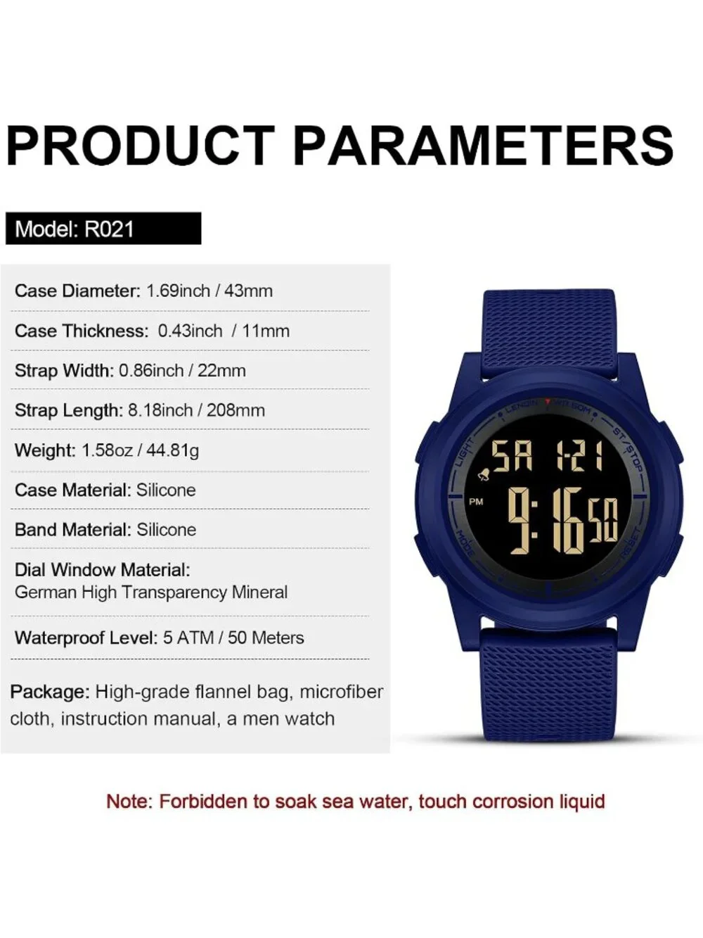 Men's Navy Blue Black Digital Ultra Thin Sports Waterproof Silicone Band Watch